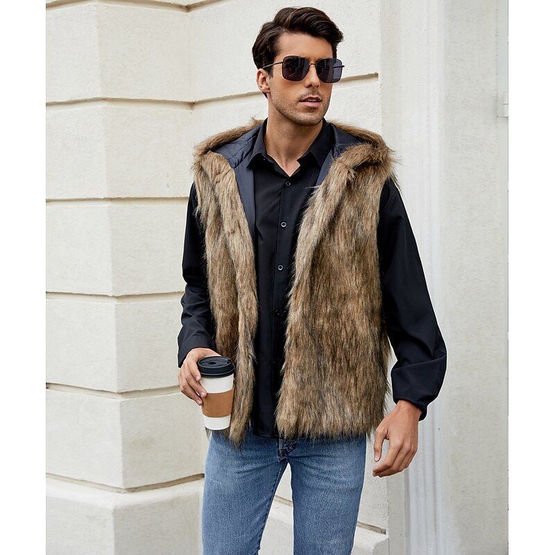 Men's Fleece Vest Hoodie Vest Faux Fur Vacation Casual Daily Wear Going out Fashion Basic Fall Spring &  Fall Hooded Acrylic Faux Fur Comfortable Plain Zipper V Neck Regular Fit Black White Brown2