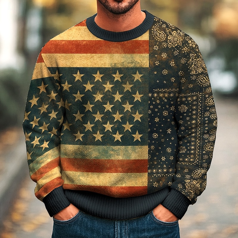 Christmas Men's Snowflake American Flag Pullover Sweater Jumper Knitwear Crewneck Casual Vacation Street Daily Patchwork 3D Print Knitting Long Sleeve Fall Winter Black Blue