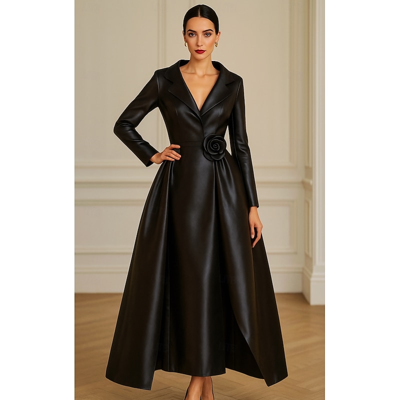 Tuxedo Dress A-Line Formal Wedding Wedding Guest Satin Elegant Vintage 3/4 Sleeve Pleated Ankle Length Notched Lapels Single Breasted4