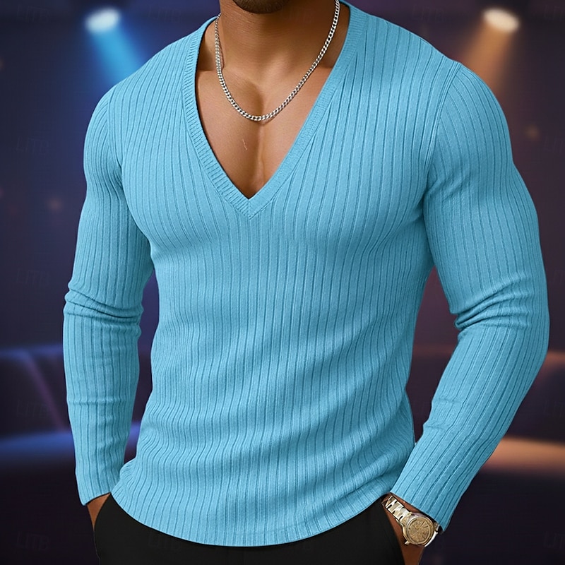 Men's T Shirt Ribbed Knit tee Tee Top Long Sleeve Shirt Long Sleeve Deep V Spring Fall Winter Solid Color Plain Pit Strip Fashion Designer Basic Knitting Vacation Street Casual White Navy Blue Blue