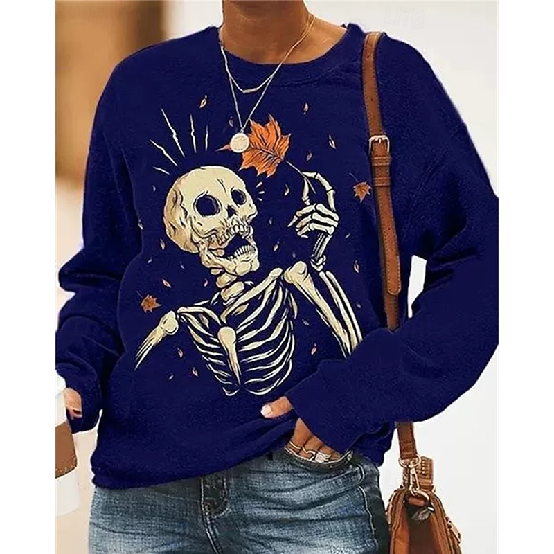 Women's Pullover Sweatshirt Graphic Skull Halloween Active Fashion Streetwear Long Sleeve Crew Neck Round Neck Regular Tops Street Dailywear Casual Print Yellow Pink Blue Gray Fall Winter2