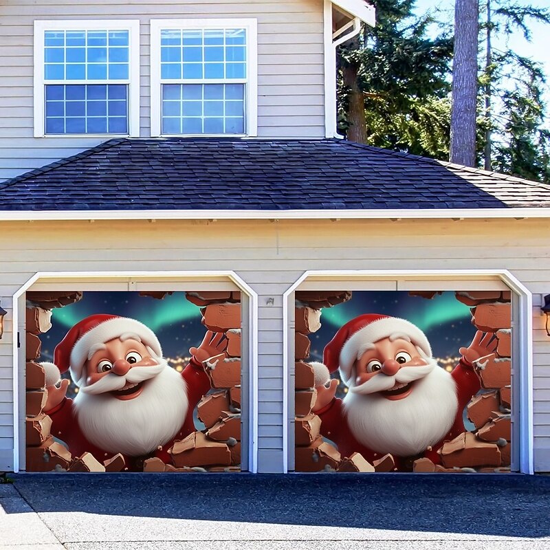 Christmas Garage Door Cover Winter Holiday Decoration Drapes with Santa Claus Bringing Christmas Gifts Print for Home Entryway Living Room Bedroom Indoor Outdoor Festive Seasonal Home Decor3