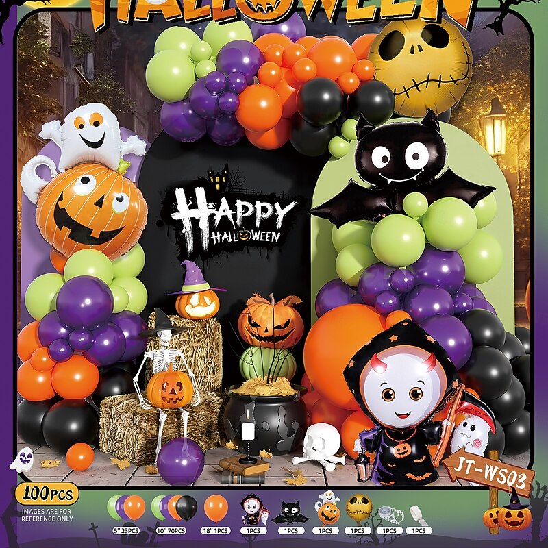 107pcs Halloween Balloon Arch Garland Kit - Black Orange Nude Latex Balloons Set with 3D Bat Stikers and Pumpkin Foil Eye Print Balloons for Halloween/Thanksgiving Day/Christmas Gift3