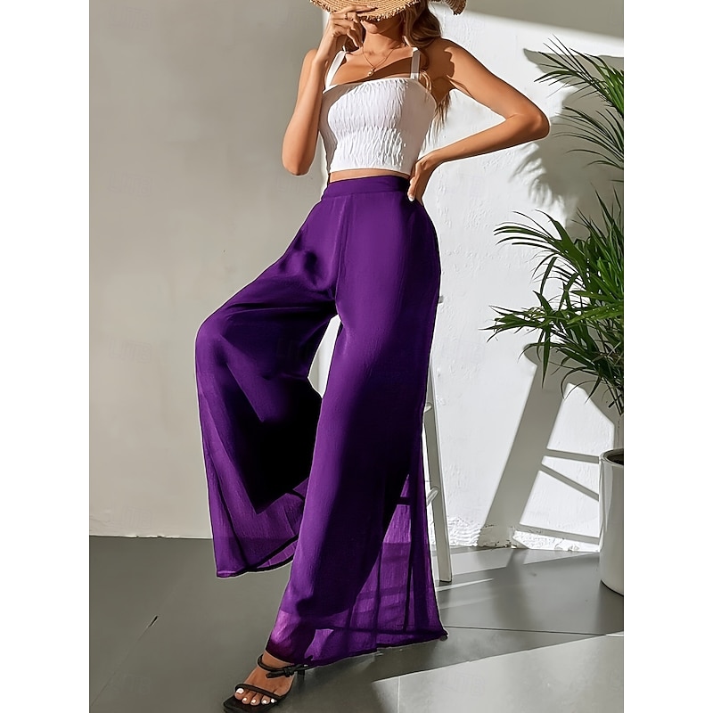 Women's Wide Leg Chinos Fashion Streetwear Basic Full Length High Waist Plain Elastic Waistband Comfy Soft Comfortable Stretchy Outdoor Street Causal Dark Brown Wine Black White Summer Spring Loose