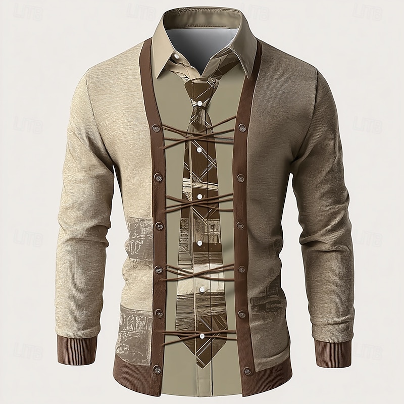 Men's Faux Collar and Cardigan Design Shirt Button Up Shirt Long Sleeve Vintage Retro Outdoor Casual Daily Spring Fall Turndown 3D Print Collared Shirts Khaki