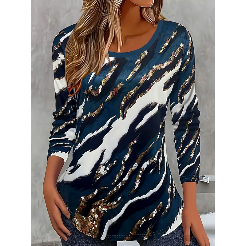 Women's T Shirt Graphic Striped Abstract Vintage Stylish Classic Long Sleeve Crew Neck Round Neck Regular Tops Daily Print Navy Blue Spring Fall Winter