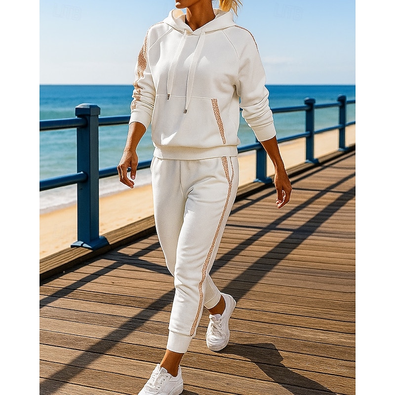 Women's 2 Piece Tracksuit Lounge Hoodie Sweatsuit Sets Pocket Solid Colored Clothing Suit Fall Black White Outdoor Travel Sports Moisture Wicking Long Sleeve Sport Activewear Micro-elastic Regular Fit