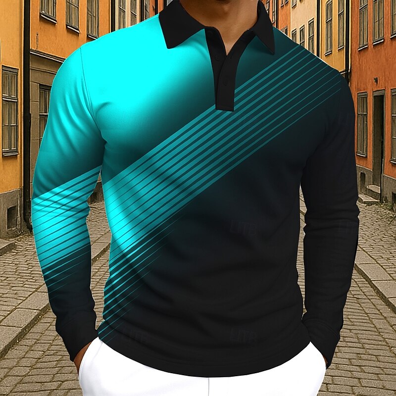 Men's Gradient Geometic Polo Long Sleeve Polo Shirts Lapel Casual Street Athleisure Daily Wear 3D Print Buttons Spring Fall Winter Lake blue Yellow Red