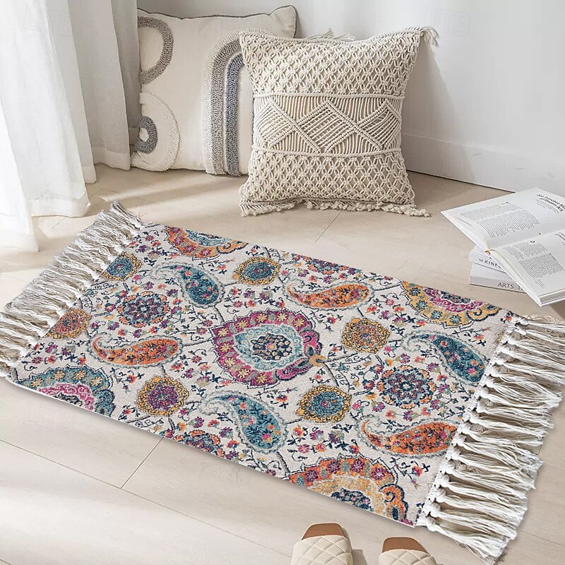 Vintage Persian Rug For Bedroom Ethnic Style Hand Woven Low Polyester Cotton Blend Floor Mat Bedside Carpet Sofa Cushion Decorative Durable Easy Care Stain Resistant Washable3