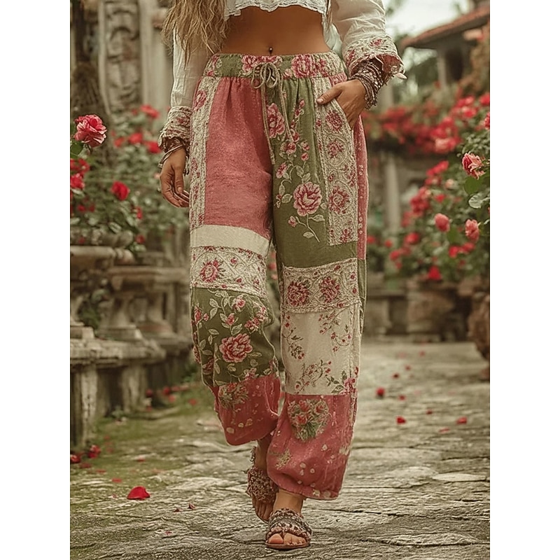 Women's Wide Leg Pants Trousers Fashion Streetwear Full Length Mid Waist Floral Pocket Elastic Waist Print Comfy Breathability Micro-elastic Outdoor Dailywear Daily Pink Spring Fall Regular Fit