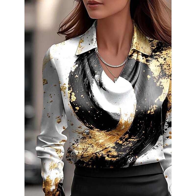 Women's Shirt Ombre Graphic Geometric Elegant Stylish Casual Long Sleeve Cowl Neck Regular Tops Work Party Evening Wear Daily Ruched Draped Black White Fall Winter2
