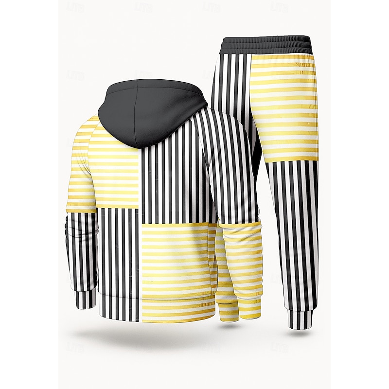 Men's Hoodie Tracksuit 2 Piece Tracksuit Drawstring Zip Up Striped Clothing Suit Fall Yellow Vocation Outdoor Travel Lightweight Fashion Long Sleeve Sport Activewear Stretchy Regular Fit2