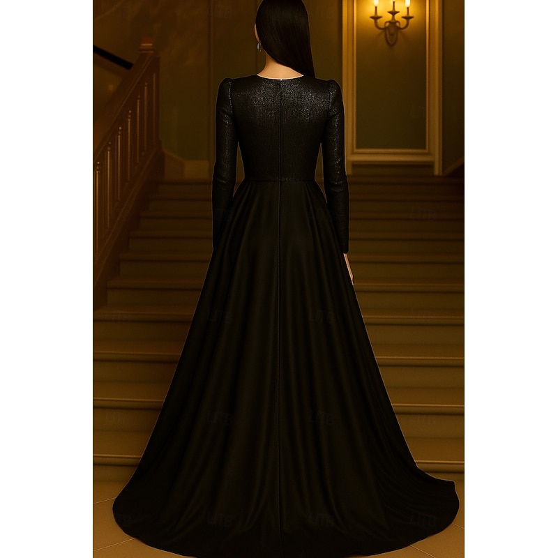 Black Tie A-Line Evening Gown Elegant Formal Dress Formal Wedding Floor Length Long Sleeve V Neck Pocket Satin with Bow(s) Ruched 20252