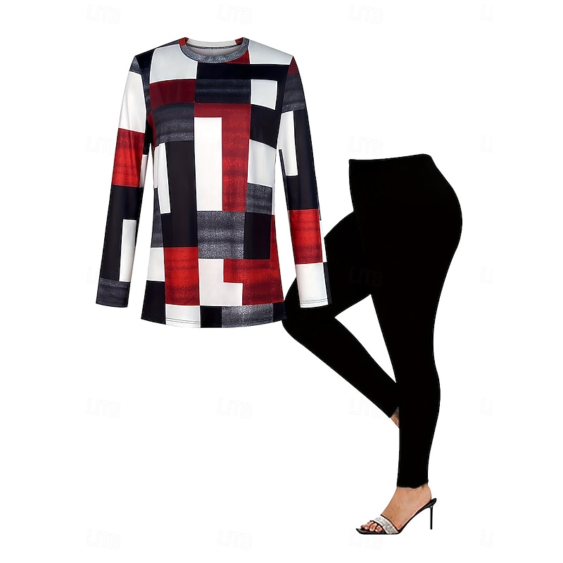 Women's Elegant Vacation Fashion T Shirt Pants Sets Long Sleeve Crew Neck Round Neck Graphic Geometric Plaid Print Casual Daily Casual Daily Red Purple Jade Spring Regular Fit4