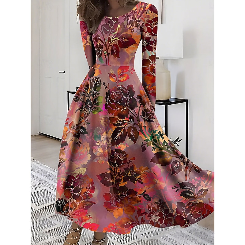 Women's Midi Dress A Line Dress Fit And Flare Dress Vacation Casual Boho Party Daily Going out Regular Fit Floral Graphic Long Sleeve Crew Neck Red Blue Purple Green Summer Spring Fall Winter