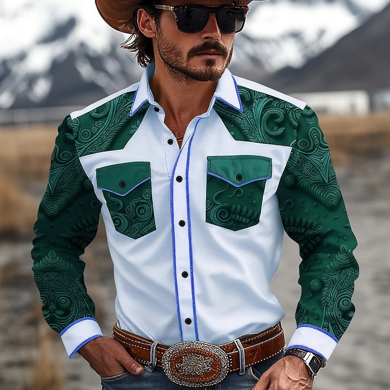 Men's Paisley Floral Print Ethnic Shirt Western Shirt Cowboy Shirt Long Sleeve Vintage Retro Outdoor Daily WorkWear Fall & Winter Turndown 3D Print Front Two Pockets Button Up Shirts Light Pink Light2