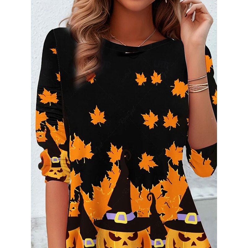 Halloween Women's T Shirt Graphic Pumpkin Vintage Fashion Stylish Long Sleeve Crew Neck Regular Tops Daily Weekend Print Orange Spring Fall Winter2