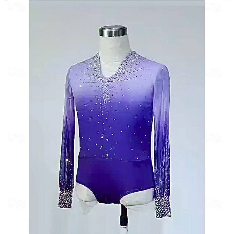 Figure Skating Top Men's Boys' Ice Skating Tops Purple Patchwork Spandex High Elasticity Training Competition Skating Wear Classic Crystal / Rhinestone Long Sleeve Ice Skating Figure Skating3