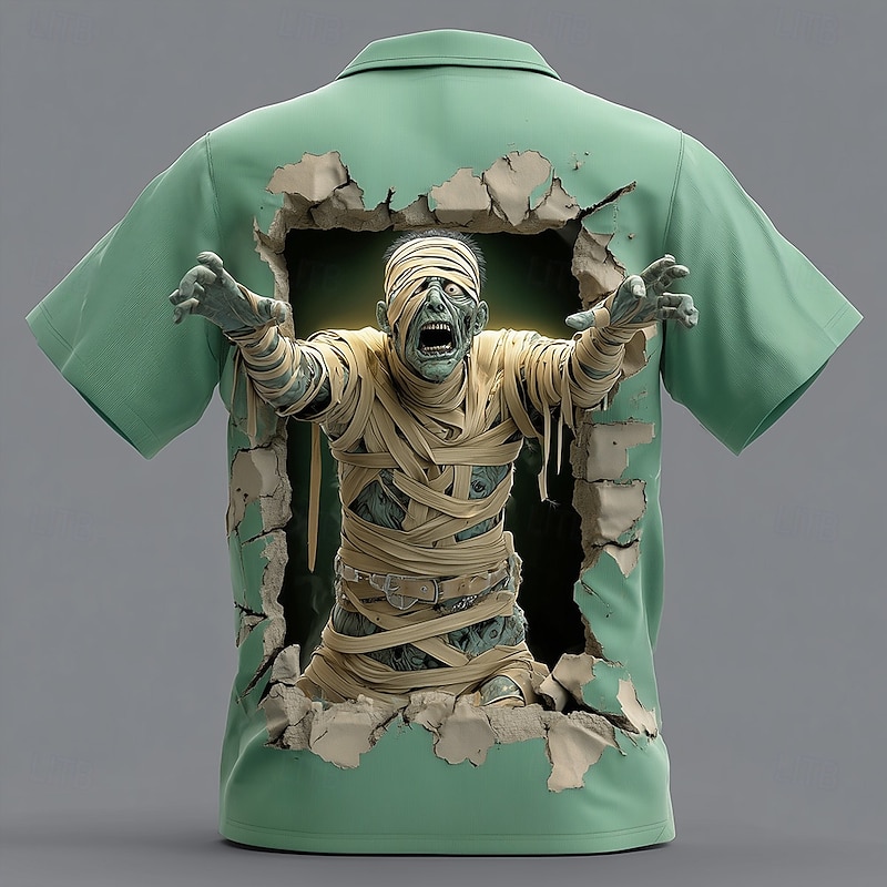 Halloween Men's Zombies Mummy Cracked Wall Shirt Button Up Shirt Short Sleeve Dark Gothic Style Holiday Streetwear Summer Spring Turndown 3D Print Collared Shirts Purple Green Khaki Gray