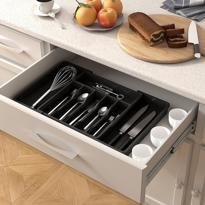 Large Silverware Drawer Organizer, Expandable Utensil Tray for Kitchen, BPA Free Flatware and Cutlery Holder, Adjustable Plastic Storage for Spoons Forks Knives, Large