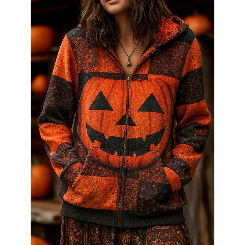 Women's Zip Up Hoodies Graphic Skull Pumpkin Punk Fashion Retro Long Sleeve Hooded Regular Tops Street Dailywear Casual Zipper Pocket Print Purple Orange Green Fall Winter