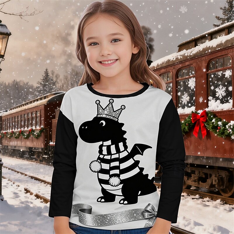 Christmas Girls' 3D Dinosaur T shirt Tee Long Sleeve Spring Fall Fashion Basic Kids 4-12 Years Crew Neck Outdoor Casual Daily Regular Fit2