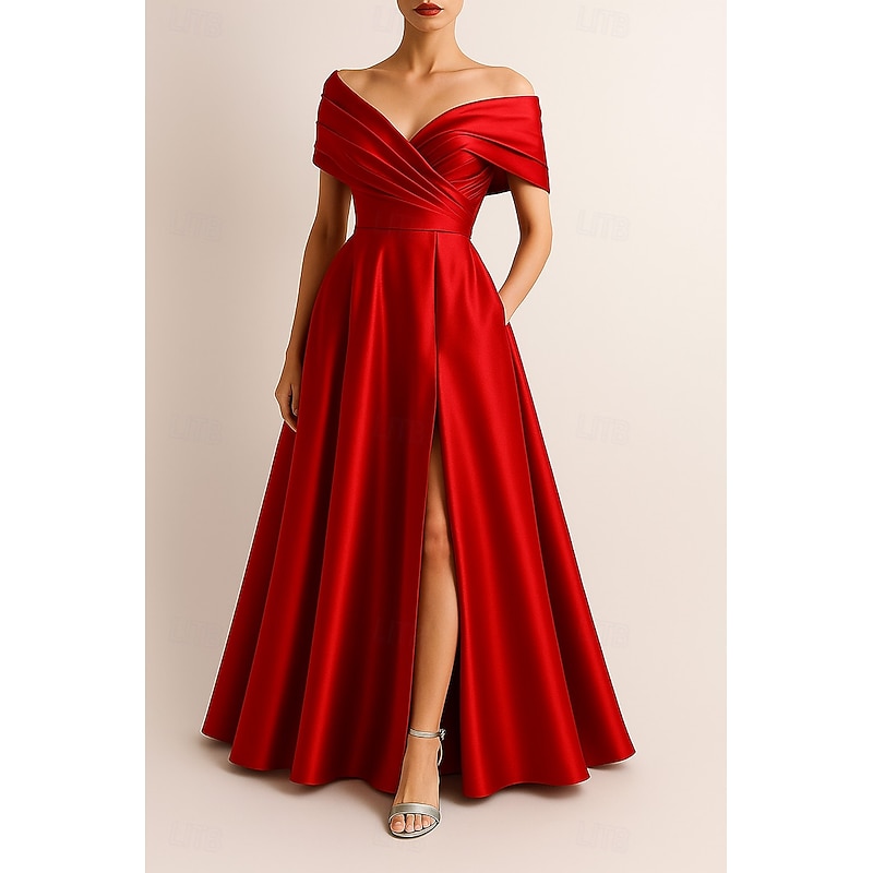 A-Line Evening Gown Elegant Formal Dress Formal Wedding Floor Length Sleeveless Off Shoulder Stretch Satin with Pleats Ruched Slit 2025