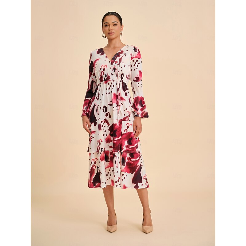 Women Female Casual Dress Burgundy Long Sleeve Short Sleeves Summer Spring All Seasons V Neck Elegant XS S M4