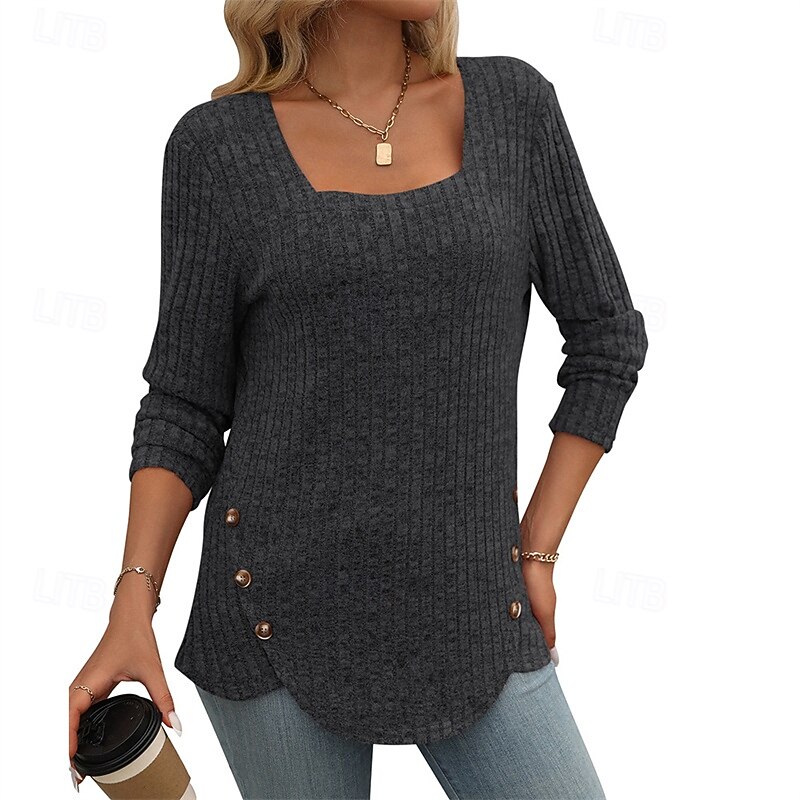 Women's T Shirt Tee Top Plain Elegant Fashion Stylish Long Sleeve Square Neck Regular Tops Daily Weekend Patchwork Black Blue Purple Green off-white Spring Fall Winter2