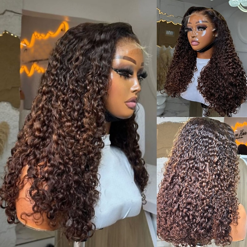 Human Hair 5x5 Closure 13x4 Lace Front Wig Free Part Brazilian Hair Curly Brown Auburn Wig 150% 180% Density with Baby Hair Ombre Hair Natural Hairline 100% Virgin Glueless For Women Long Human Hair3