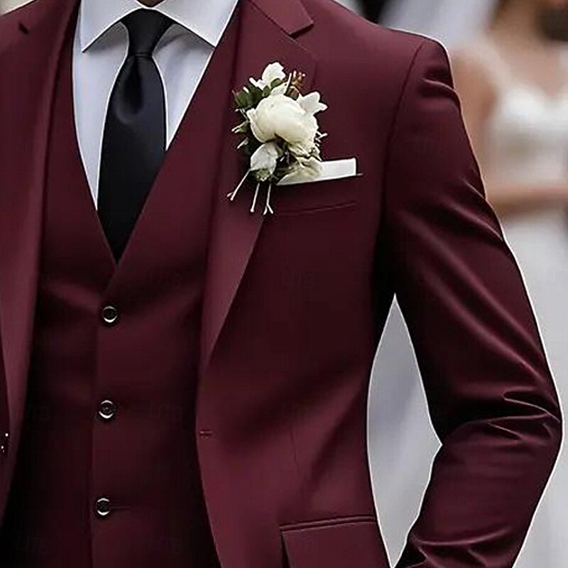 Men's Wedding Casual Party Suits Notch Lapel Burgundy Daily Formal Solid Colored Slim Fit 3 Piece Single Breasted One-button2
