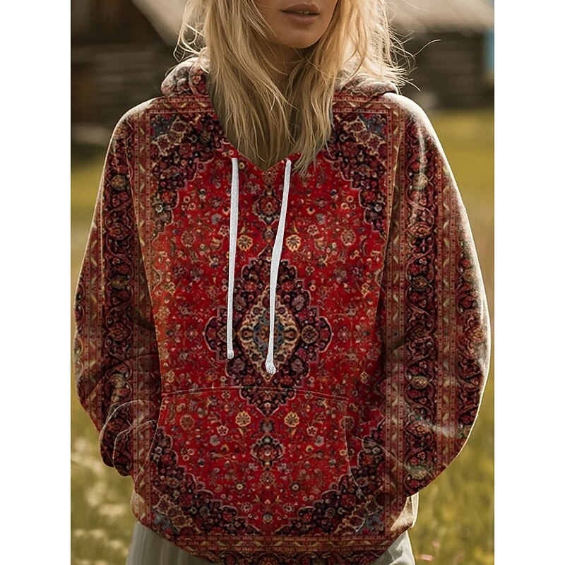 Women's Pullover Hoodie Sweatshirt Graphic Geometric Casual Boho Long Sleeve Hooded Regular Tops Street Dailywear Patchwork Print Front Pocket Wine Blue Orange Spring Fall Winter2