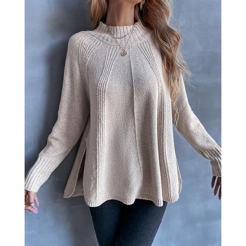 Women's Sweater Pullover Fashion Casual Solid Color Ribbed Crew Neck Mock Neck Knitted Long Sleeve Regular Tops Knit Outdoor Daily Weekend Wine Red Black Fall Winter