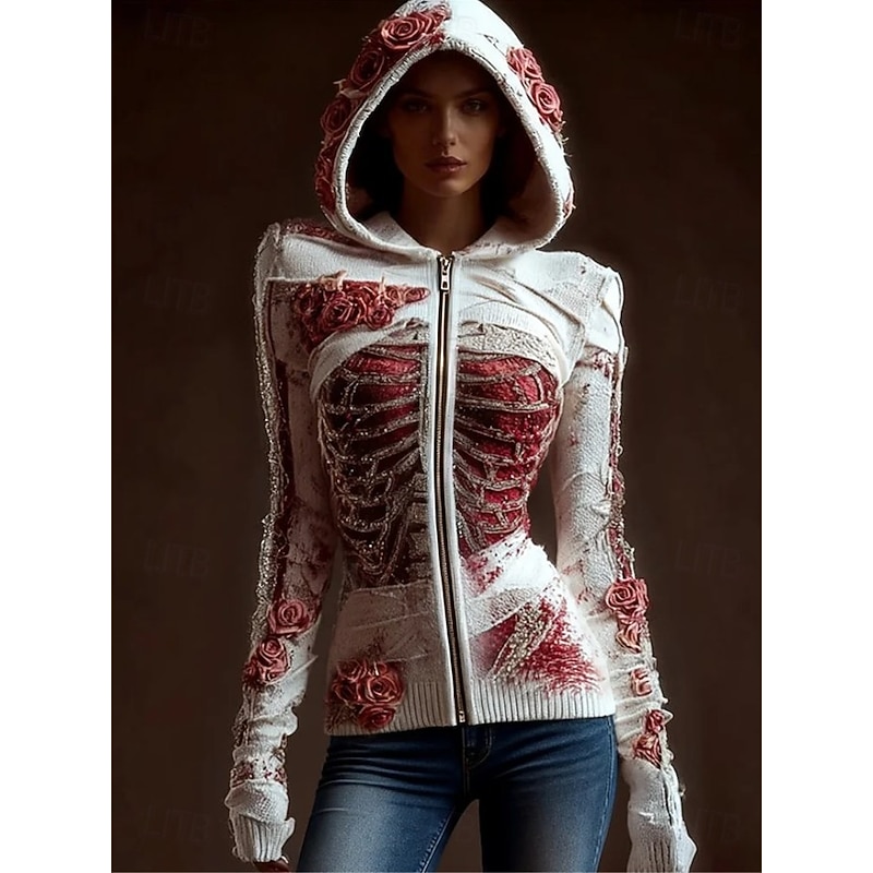 Women's Zip Up Hoodies Graphic Skull Punk Active Vintage Long Sleeve Hooded Regular Tops Home Dailywear Casual Patchwork Black Red Dark Gray Fall Winter