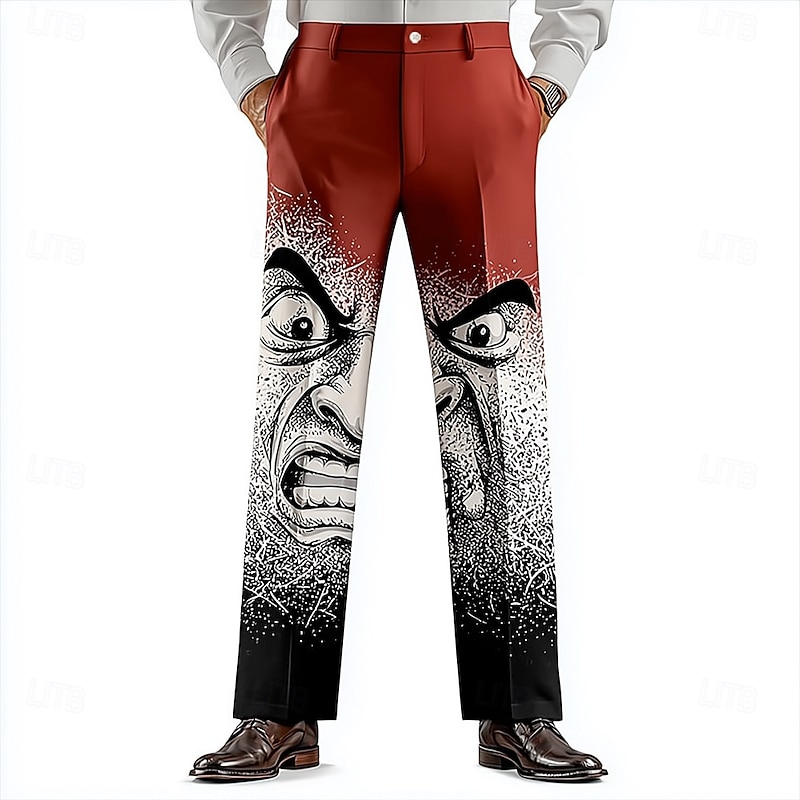 Men's Funny Face Printed Trousers Dress Pants Suit Pants Mid Waist Funny Outdoor Holiday Printed Straight Leg Pants with Pockets Spring Fall 3D Print Red