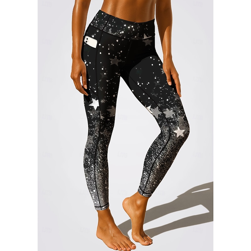 Women's pilates leggings fitness pants Gym Leggings Pockets Stamp Duty Side Pockets Pilates Gym Gym Workout Pants Tights Leggings Star Color Gradient Galaxy Star Print Black+Gray Sports Activewear2