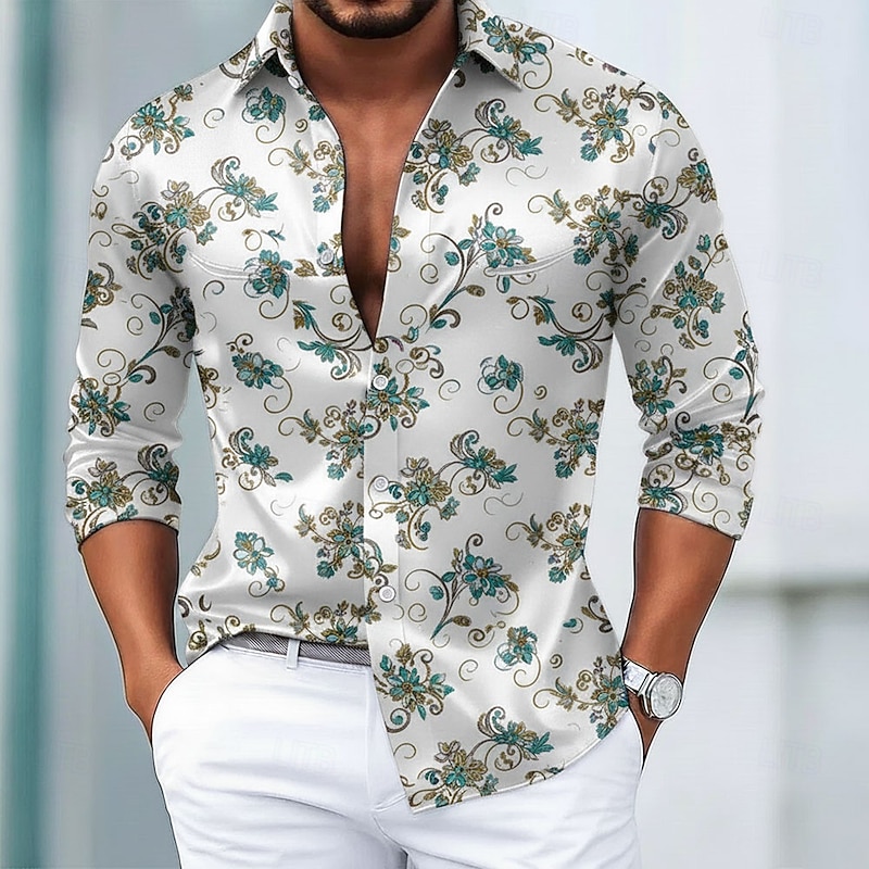 Men's Floral Print Flowers Shirt Satin Shirt Dress Shirt Long Sleeve Vintage Retro Vacation Dailywear Summer Spring Fall Turndown 3D Print Button Up Shirts Black White Red Blue