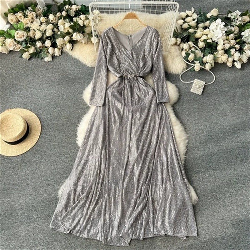 Women's Midi Dress Sequin Dress Elegant Fashion Modern Outdoor Party Daily Regular Fit Plain Long Sleeve V Neck Black White Yellow Red Spring Autumn2