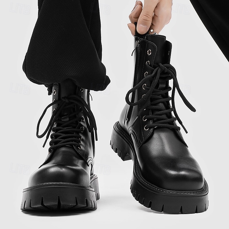 Black Faux Leather Men's High-Top Boots with Winged Pattern, Lace-Up Closure, and Rugged Sole – Ideal for Harley Riders, Punk Style Enthusiasts, Casual Outings and Everyday Wear2