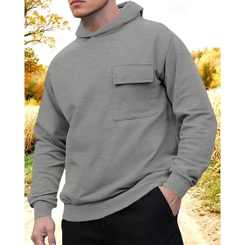 Men's Hoodie Black Brown Khaki Light Grey Dark Gray Hooded Plain Pocket Sports & Outdoor Daily Holiday Polyester Streetwear Basic Casual Spring Fall Clothing Apparel Hoodies Sweatshirts3