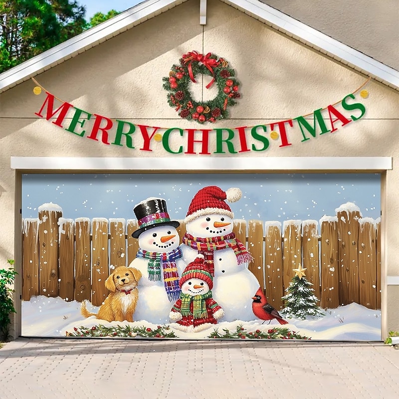 Christmas Outdoor Garage Door Cover Snowman Family Santa Hat Christmas Tree Puppy Fence Snowy Day Large Tapestry Backdrop Holiday Party Wall Decoration For Outdoor Garage Door Home Festival Decor