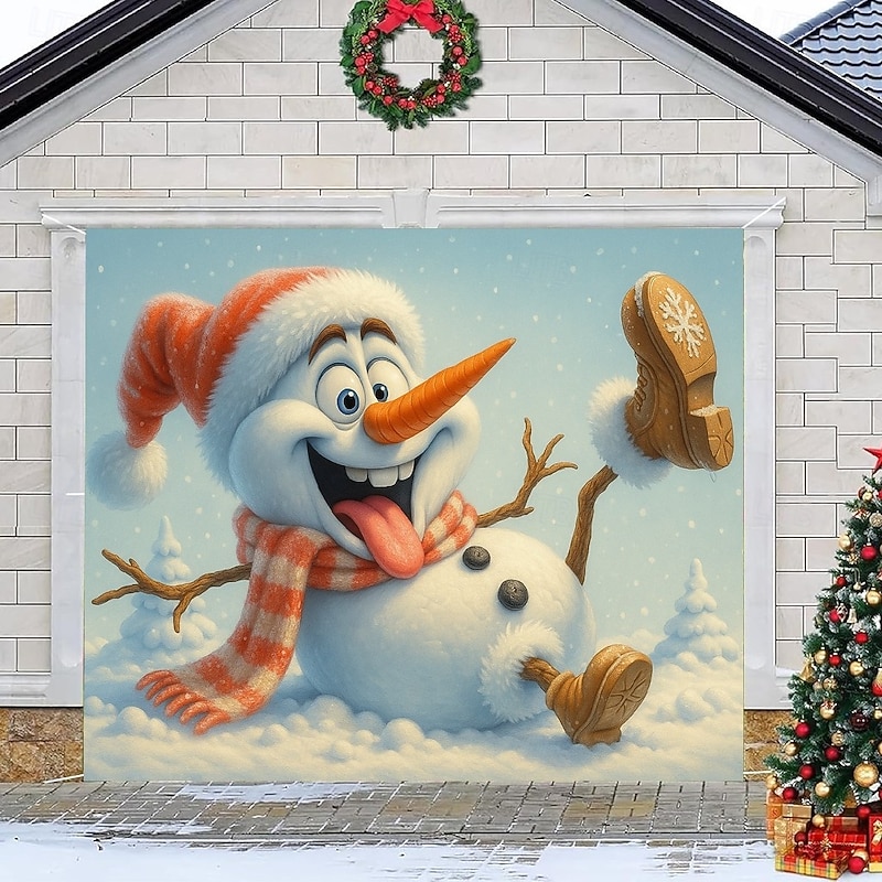 Christmas Garage Door Cover 2025 Xmas Snowman and Birds Winter Scene Backdrop Banner, Merry Christmas Garage Decoration for Holiday Outdoor Yard Party2