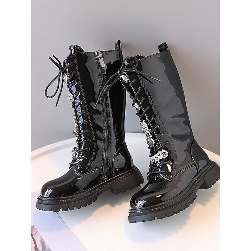Korean Idol Inspired Pop Star Costume Shoes Girls' Black Patent Leather Lace-Up Knee High Boots with Side Zipper for Dance Performances and Stage Outfits3