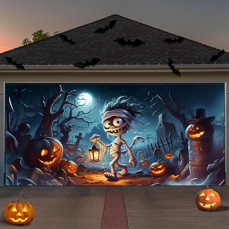 Halloween Garage Door Cover Pumpkin Tomb Castle Mummy Banner Haunted House Horror Scene Spooky Backdrop Tapestry for Outdoor Wall Fence Yard Halloween Party Decoration