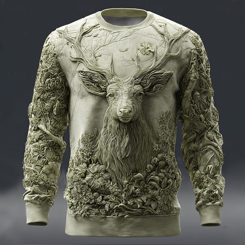 Men's 3D Print Deer Sweatshirt Casual Crew Neck Vacation Party Gift Green Khaki Crewneck 3D All Seasons Designer