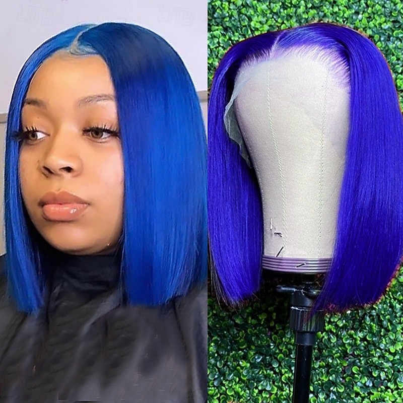 Blue# Human Hair 13*4 Short BOBO Lace Wig Straight Human Hair 150% Density  For Black Women