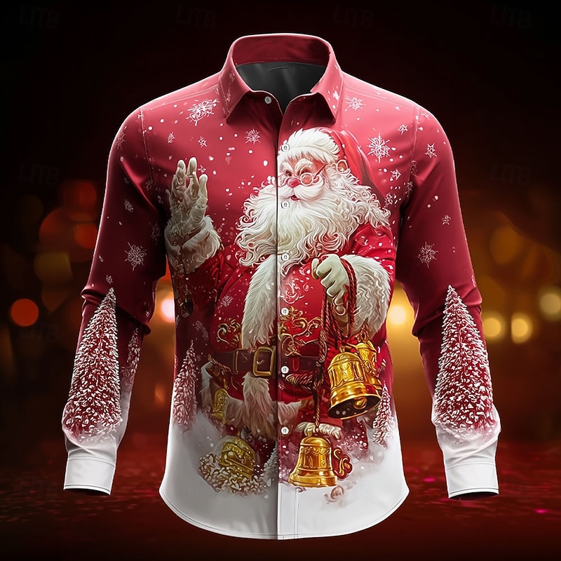 Christmas Men's Santa Claus Christmas Tree Christmas Bell Shirt Button Up Shirt Long Sleeve Funny Outdoor Holiday Spring Fall Turndown 3D Print Collared Shirts Red 1 Red 3 Red Red 2