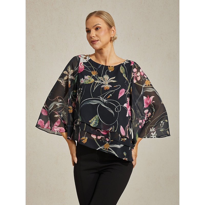 Women's Blouse Black Floral 3/4 Sleeve Loose Round Neck Casual Elegant Vacation Spring Summer Fall
