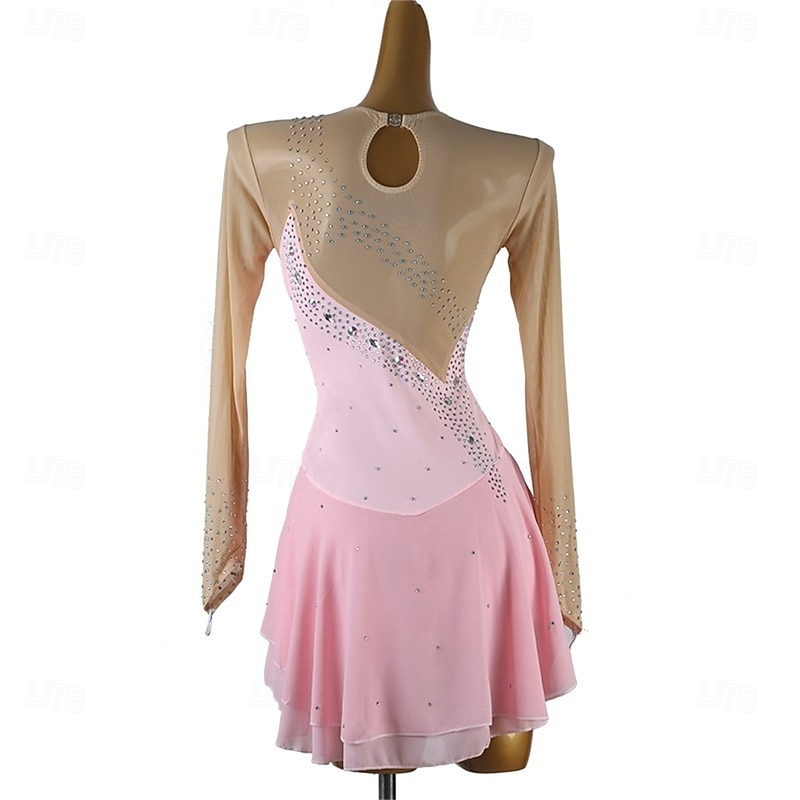 Figure Skating Dress Women's Girls' Ice Skating Dress Pink Patchwork Thumbhole Mesh Spandex High Elasticity Training Competition Skating Wear Classic Crystal / Rhinestone Long Sleeve Ice Skating4