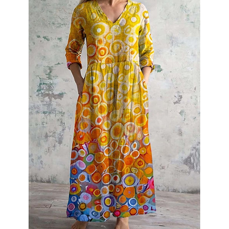 Women's Midi Dress Shift Dress Casual Daily Regular Fit Graphic Geometric Long Sleeve V Neck Yellow Red Blue Orange Spring Fall2
